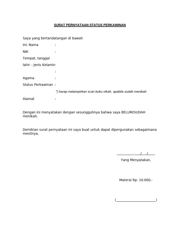 KTKLN - Surat Pernyataan Status Perkawinan | PDF