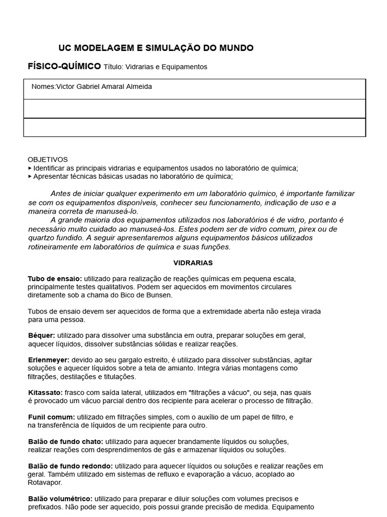 Atividade 1 - Vidrarias e Equipamentos | PDF | Filtragem | Química