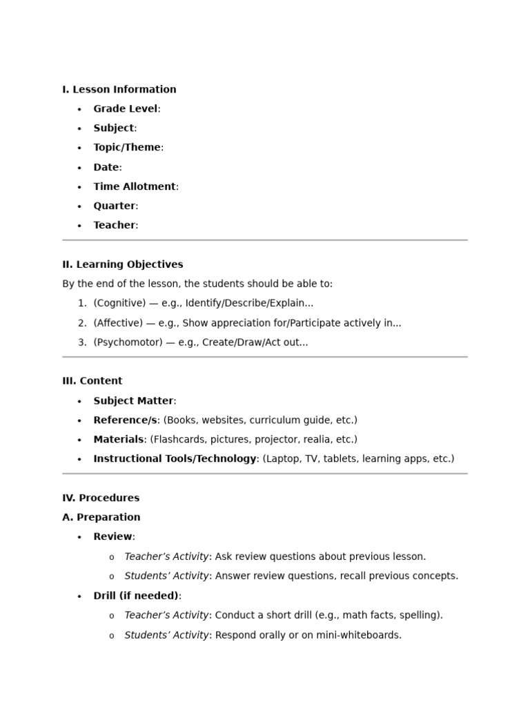 Lesson Plan Format for Elem | PDF | Teachers | Learning