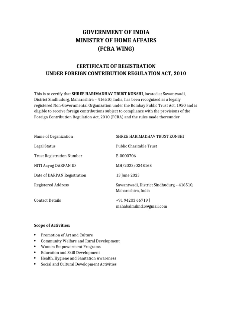 FCRA Certificate Shree Harimadhav Trust-5 | PDF