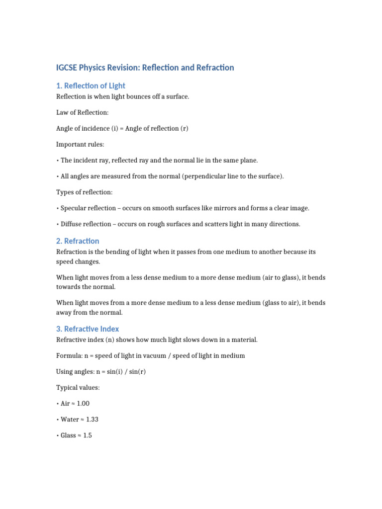 IGCSE Reflection Refraction Revision | PDF