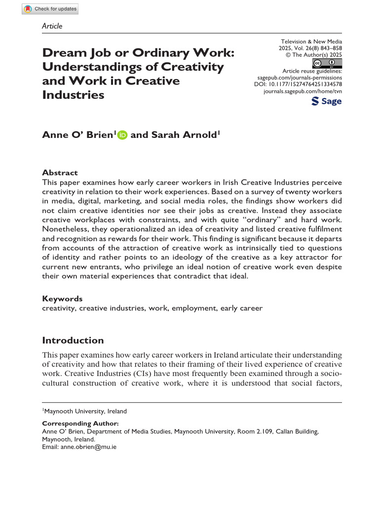 o Brien Arnold 2025 Dream Job or Ordinary Work Understandings of ...