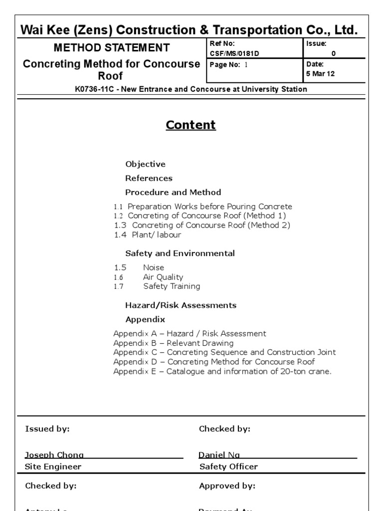Concreting Method Statement for Roof | PDF | Crane (Machine) | Safety