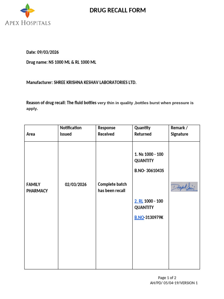 Drug Recall Form | PDF