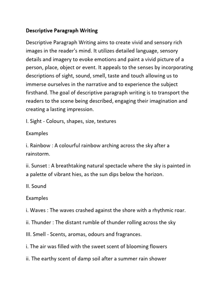 Descriptive Paragraph Writing(2025-26) | PDF | Taste | Senses