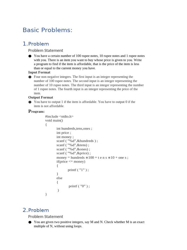 Problem Statements in c Programming Language | PDF | Computer ...