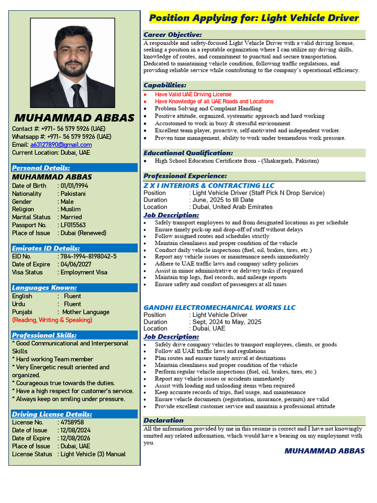Muhammad Abbas _light Vehicle Driver | PDF | United Arab Emirates ...