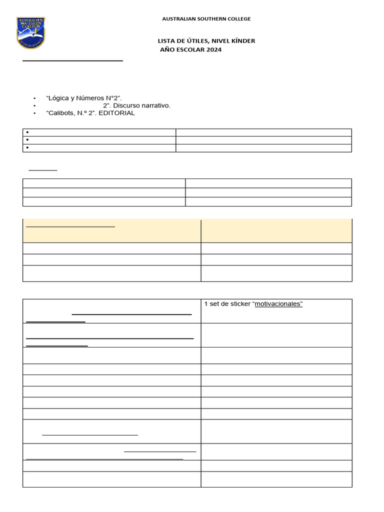 Lista de Útiles Kínder 2024 | PDF | Lápiz | Materiales de Conservación ...