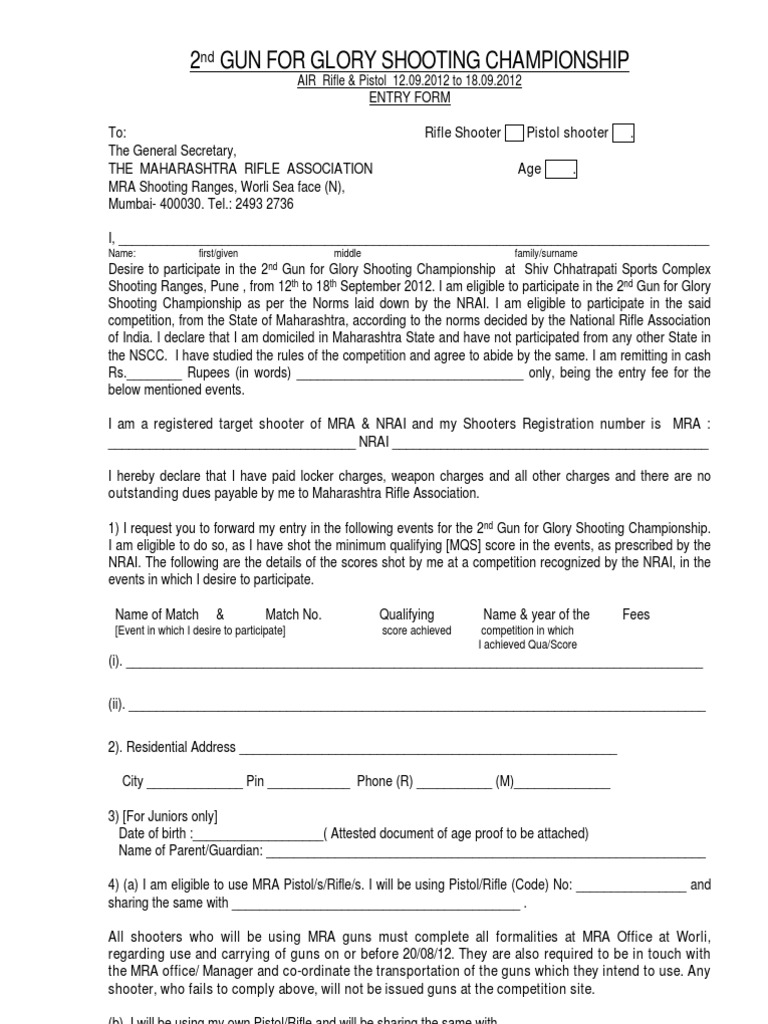 Gun For Glory Shooting Championship Entry Form at PUNE 050812 | PDF ...