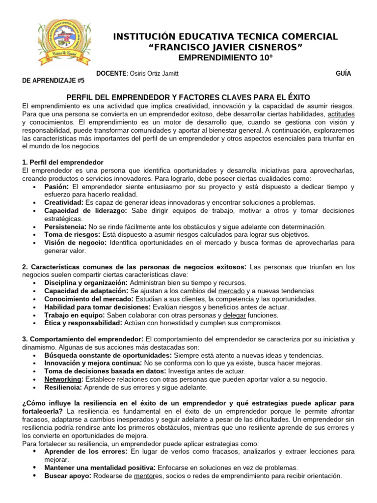 Guía 5 Perfil Del Emprendedor y Factores Claves Para El Éxito | PDF ...