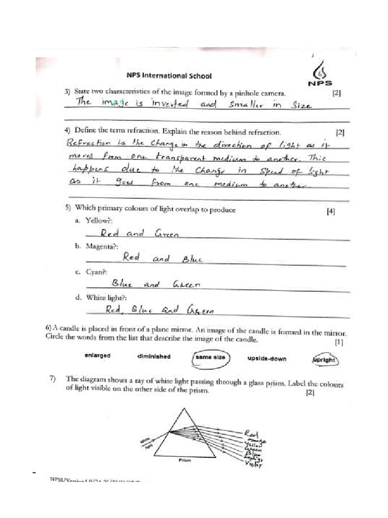 Grade 7 Physics SA2 Revision Worksheet 1-Answer | PDF