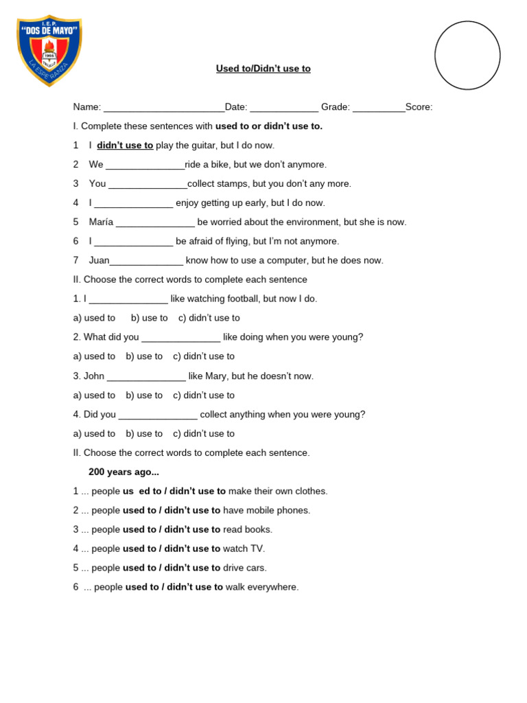 Used to Didnt Ise to Worksheet Templates Layouts 114935 | PDF