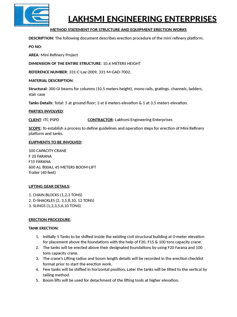 Mini Refinary Mech Work Method Statement | PDF | Crane (Machine) | Stairs