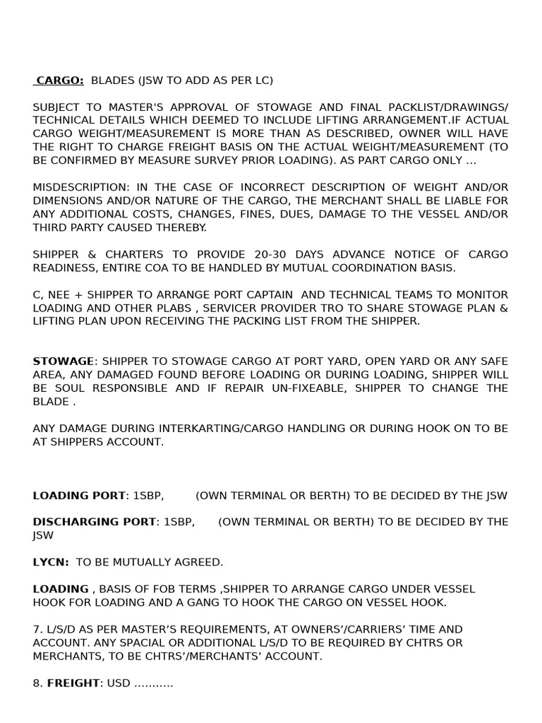 Coa Fixture Note Draft | PDF | Cargo | Freight Transport
