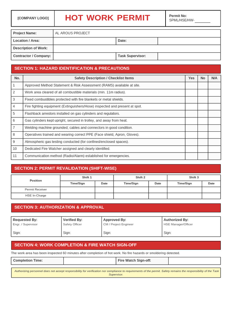 Enhanced Hot Work Permit | PDF | Firefighting | Occupational Safety And ...