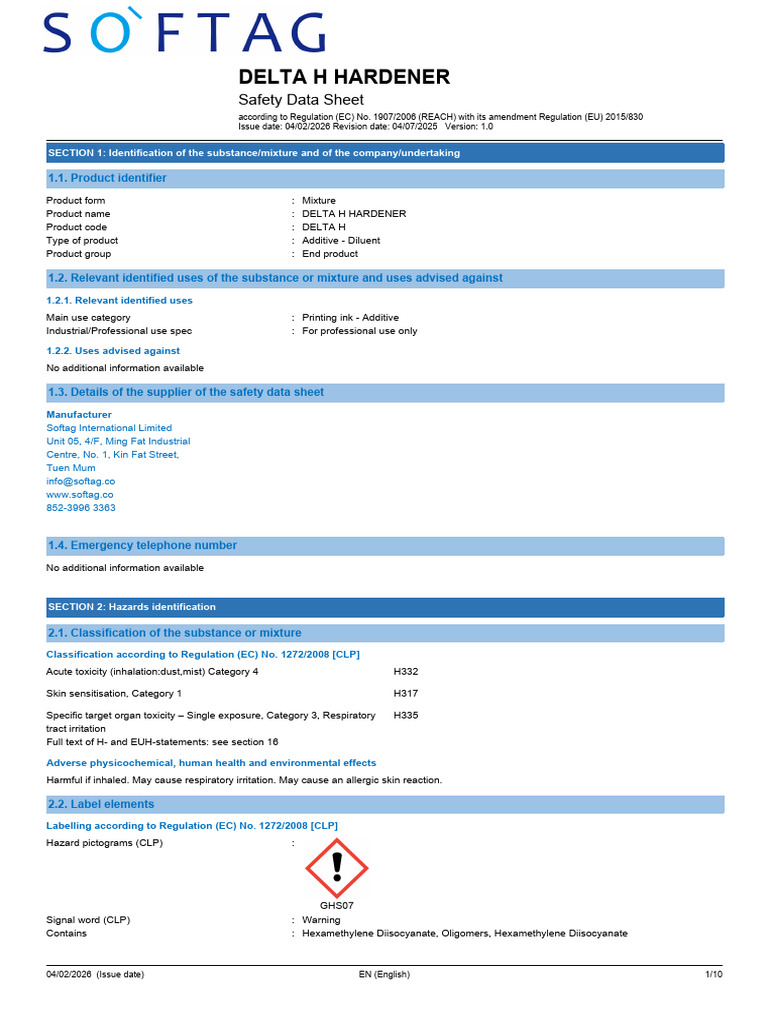 Delta H SDS 2026 English | PDF | Toxicity | Dangerous Goods