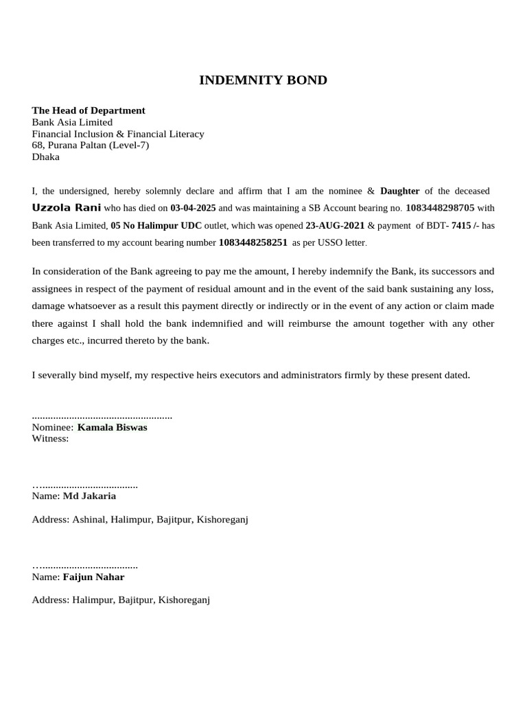 New Indemnity Bond-Sample(1).Docx Uzzala | PDF