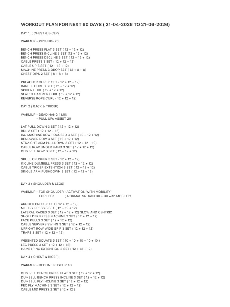 WORKOUT PLAN FOR NEXT 60 DAYS 21 04 2026 TO 21 06 2026 PDF 