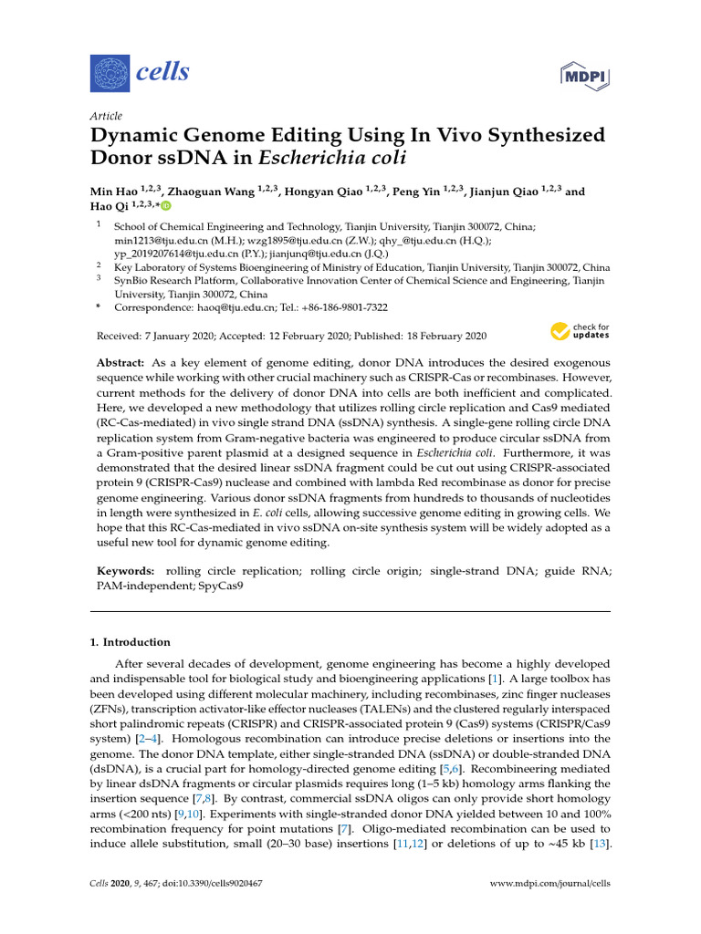 Dynamic Genome Editing Using in Vivo Synthesized Donor SsDNA in ...