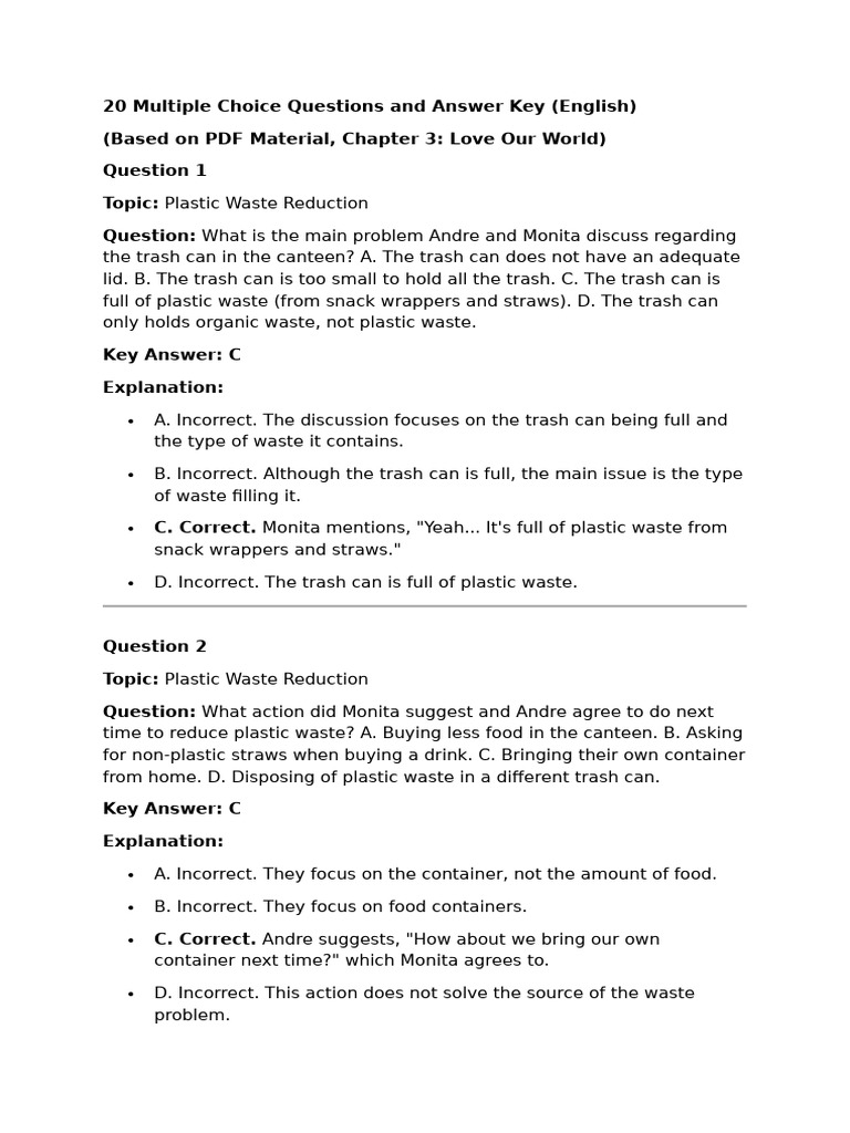 20 Multiple Choice Questions and Answer Key | PDF | Hand Washing | Waste