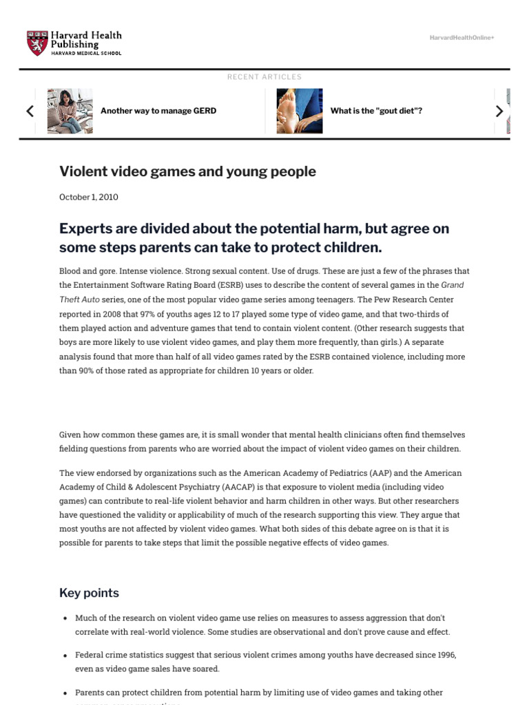 Violent Video Games and Young People - Harvard Health Publishing ...