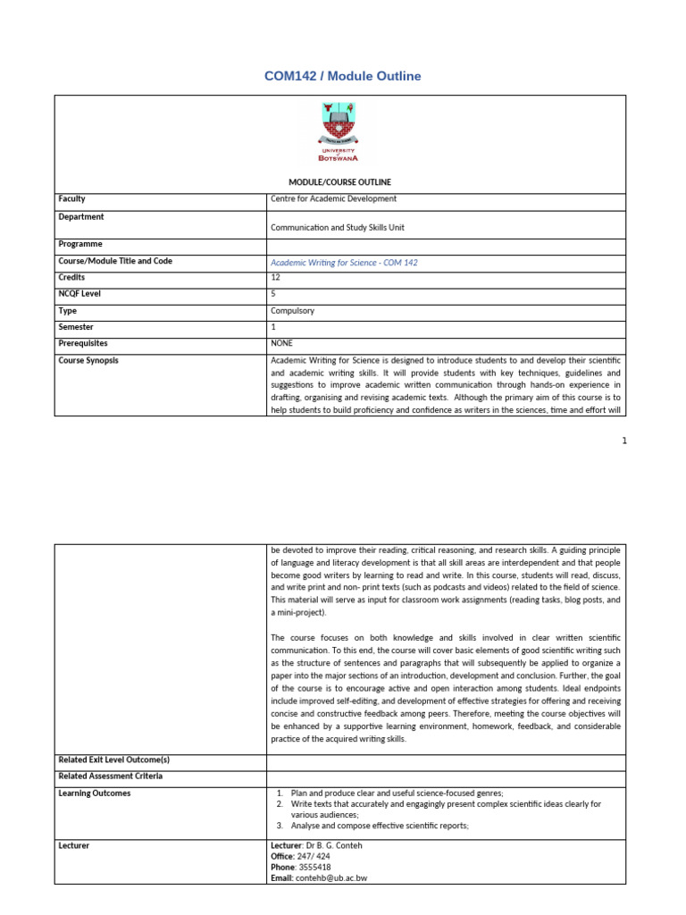 Com142 Semester 2 Course Outline 2026 Bc | PDF | Writing | Science