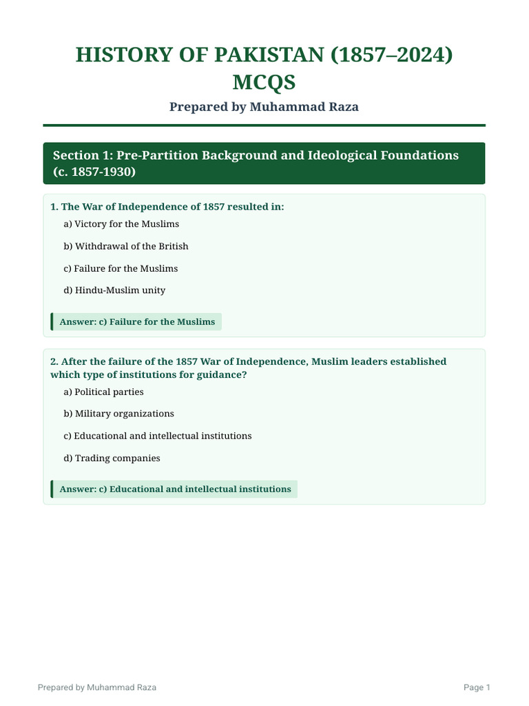 History_of_Pakistan_MCQs_Raza | PDF | Pervez Musharraf | Zulfikar Ali ...