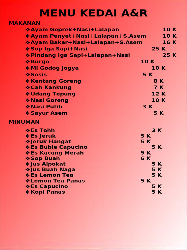 Daftar Menu Kedai a & r | PDF
