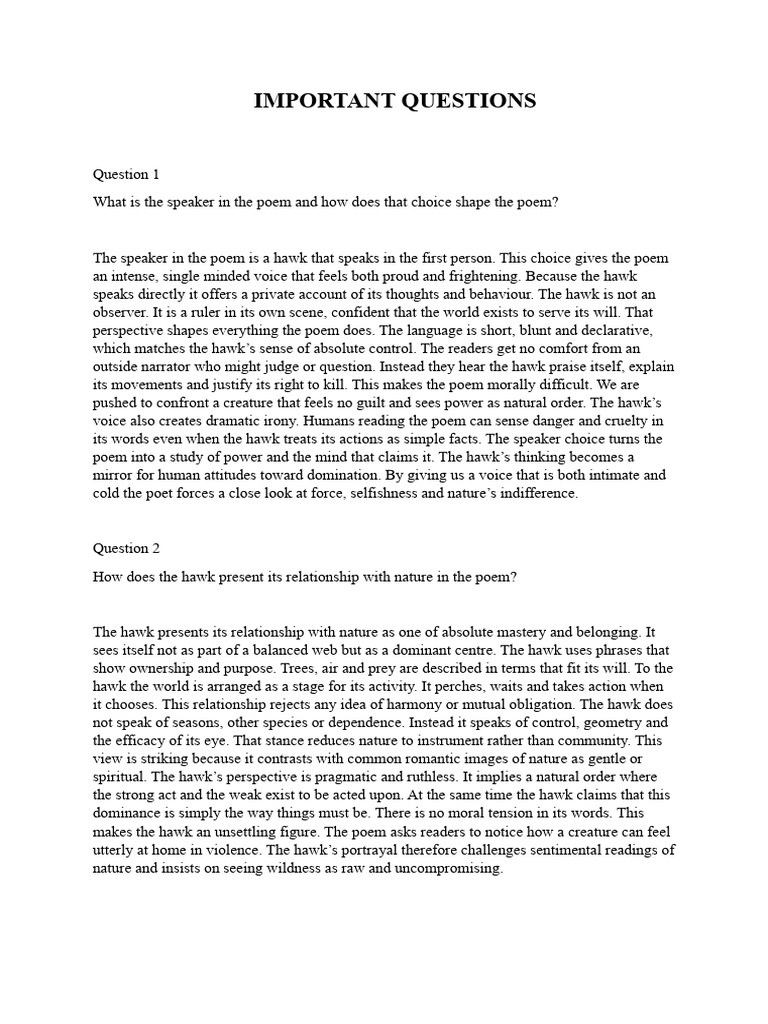 Hawk Roosting Important Questions | PDF | Poetry | Thought