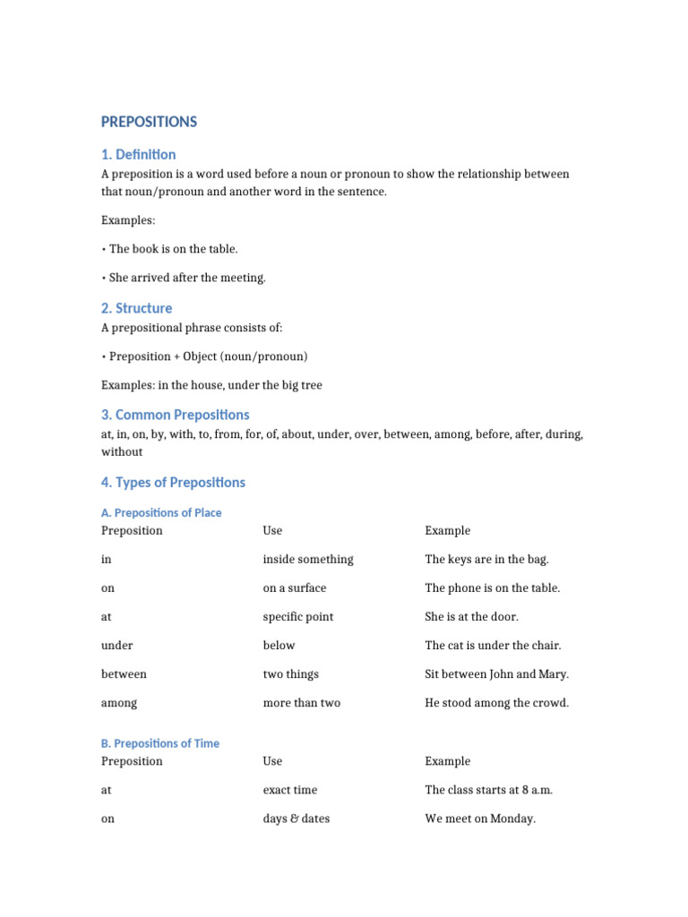 Prepositions Notes With Tables | PDF | Pronoun | Noun