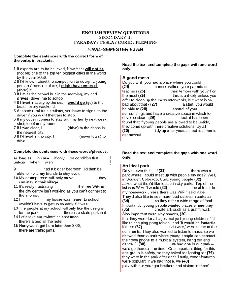 Review Questions of ENGLISH - Final-Semester Exam - Without Answers | PDF