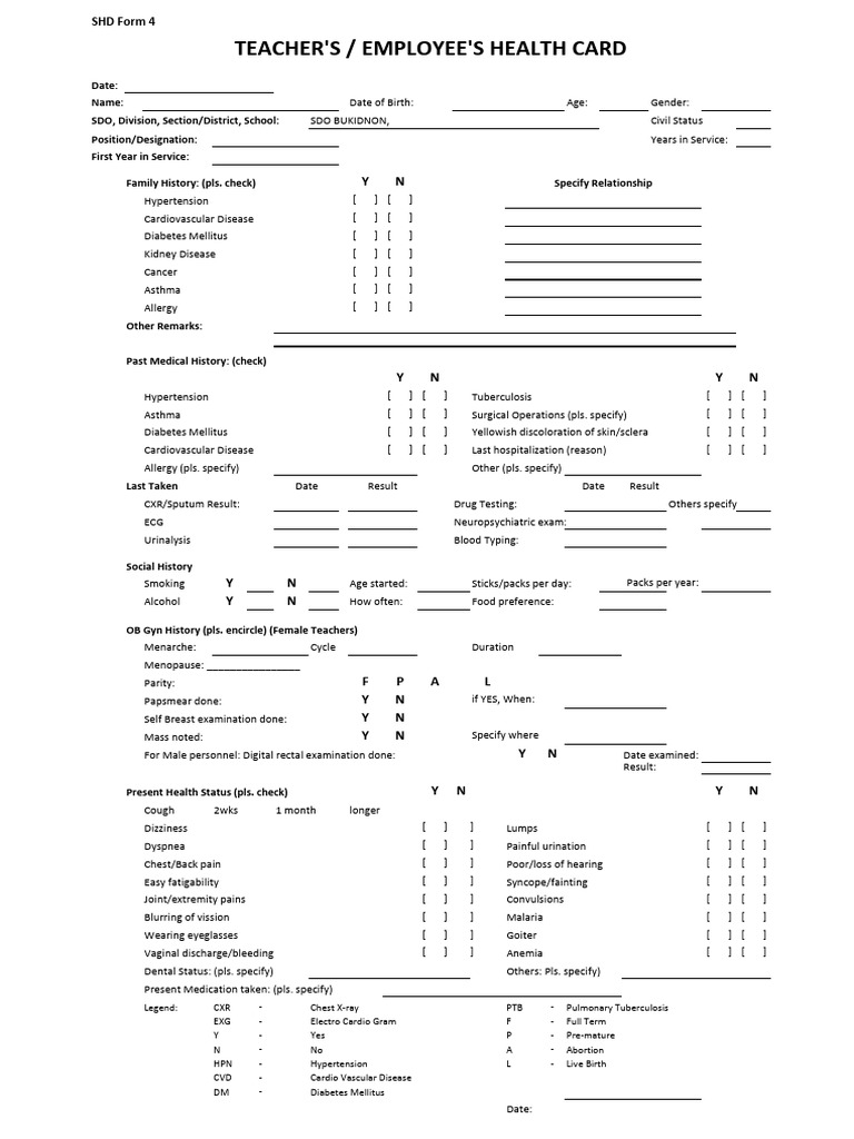SHD Form 4 - Teachers-Employees Health Card (SDO Bukidnon) | PDF ...