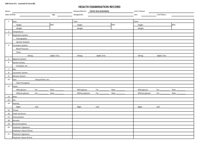 SHD Form 4-A - Health Examination Record - Revised CS Form 86 (SDO ...