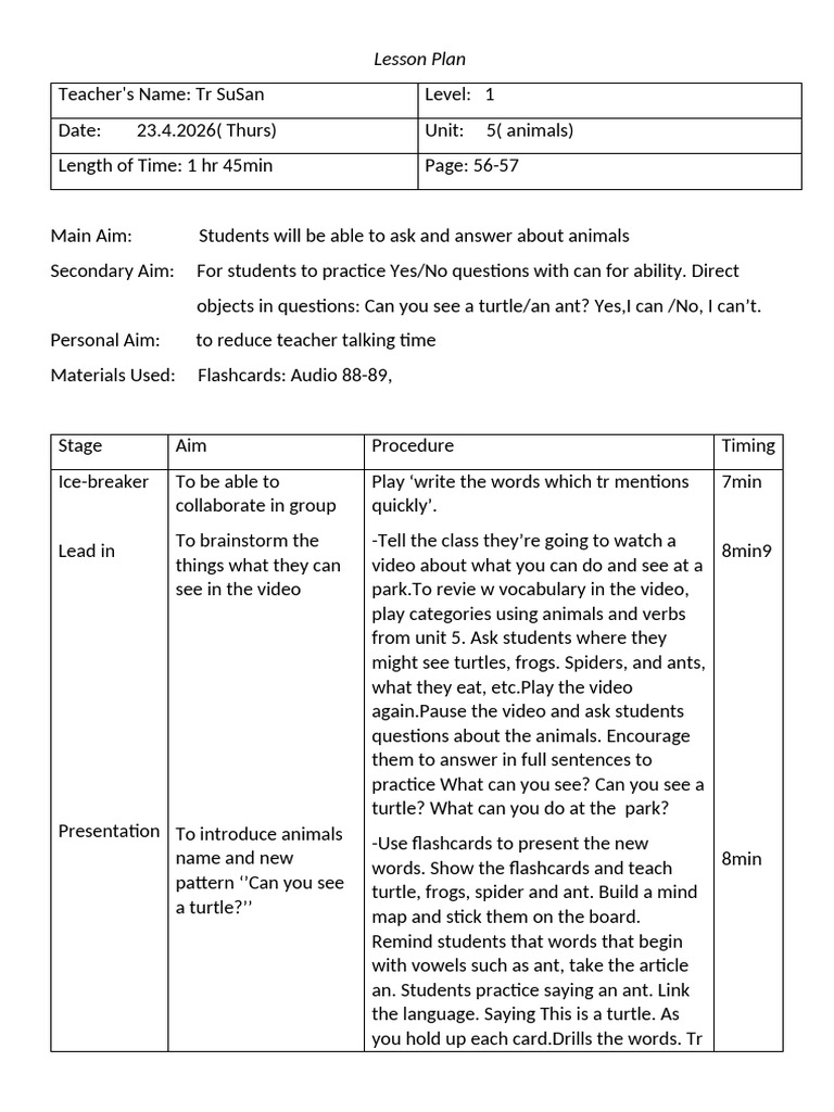 Lesson Plan For Level 1 | PDF | Vocabulary | Cognitive Science
