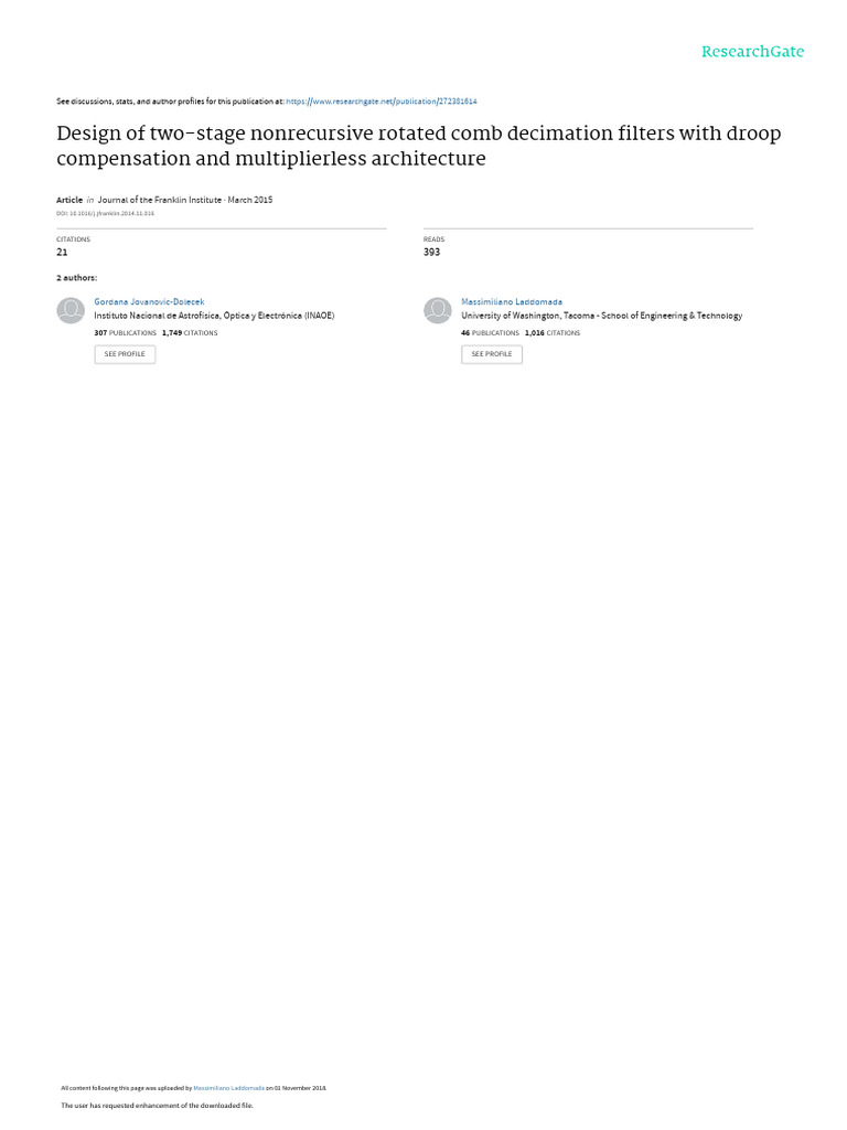 Design of Two-stage Nonrecursive Rotated Comb Deci | PDF | Sampling ...