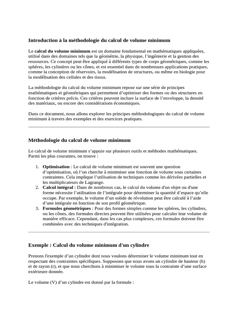 Introduction à la méthodologie du calcul de volume minimum | PDF ...