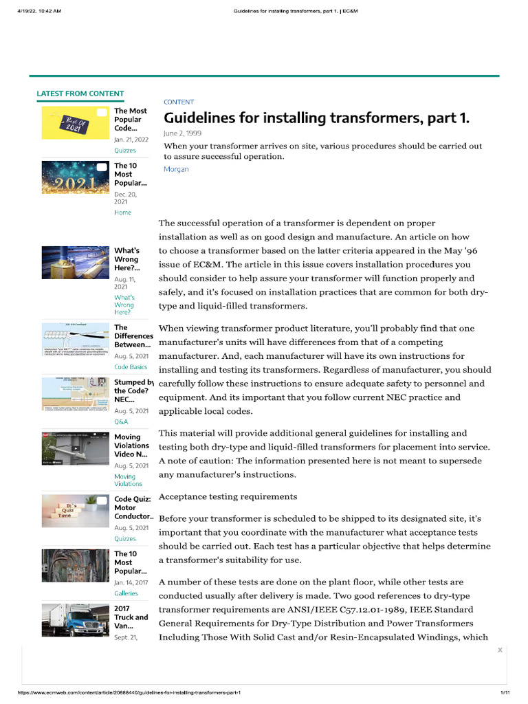 Guidelines for Installing Transformers, Part 1. _ EC&M | PDF | Chess ...