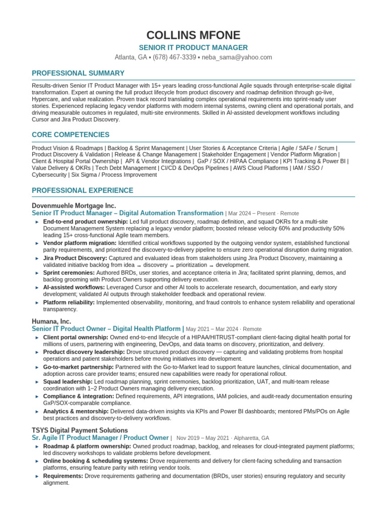 Collins Mfone Resume_DPM (1) | PDF | Agile Software Development ...