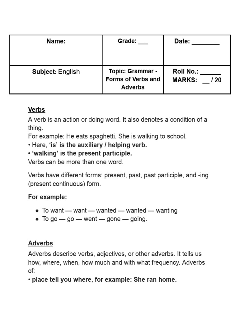 Verbs & Adverbs (Worksheet With AK) | PDF | Verb | Semantic Units