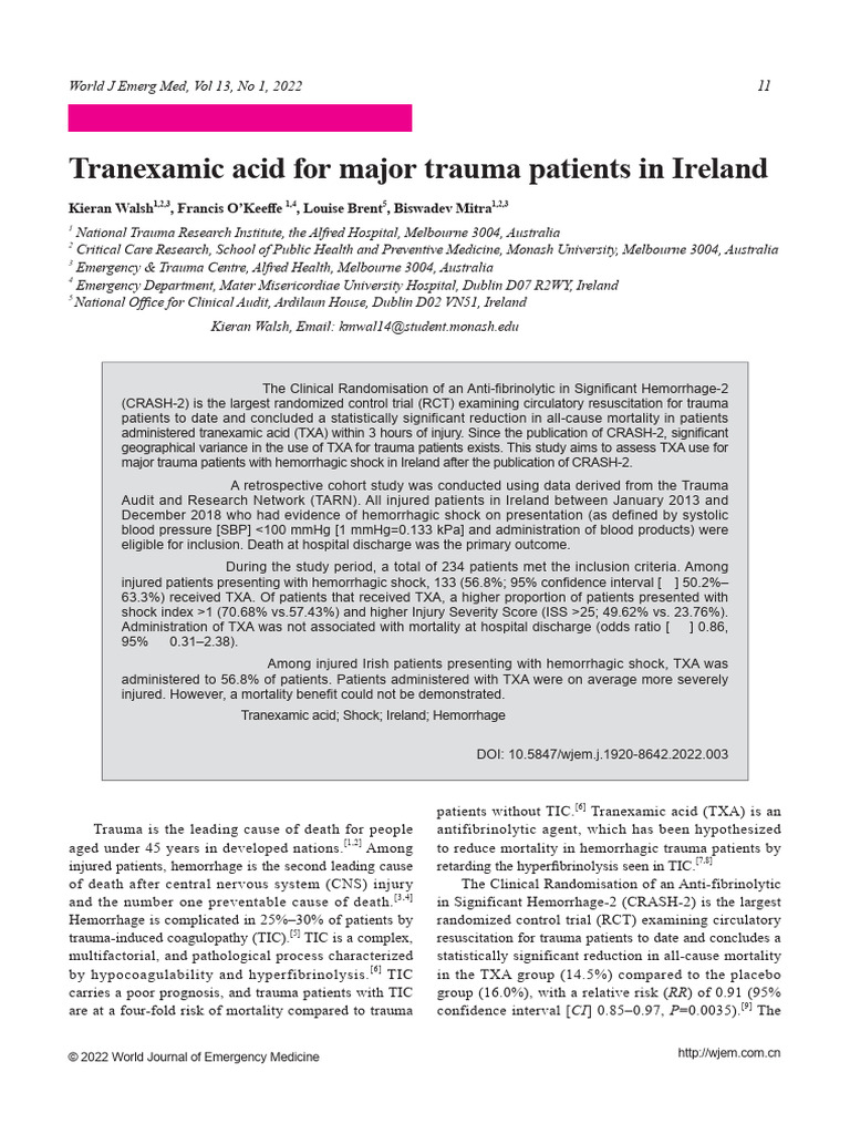 Tranexamic Acid for Major Trauma Patients in Ireland | PDF | Major ...
