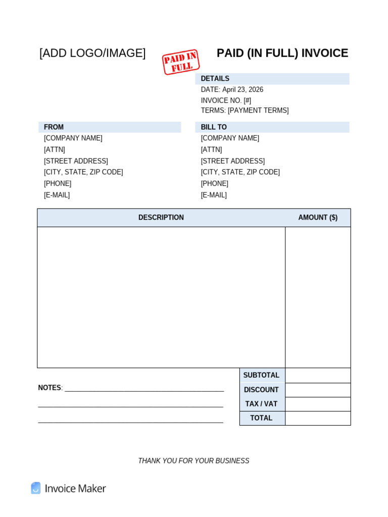 Paid in Full Invoice Template | PDF