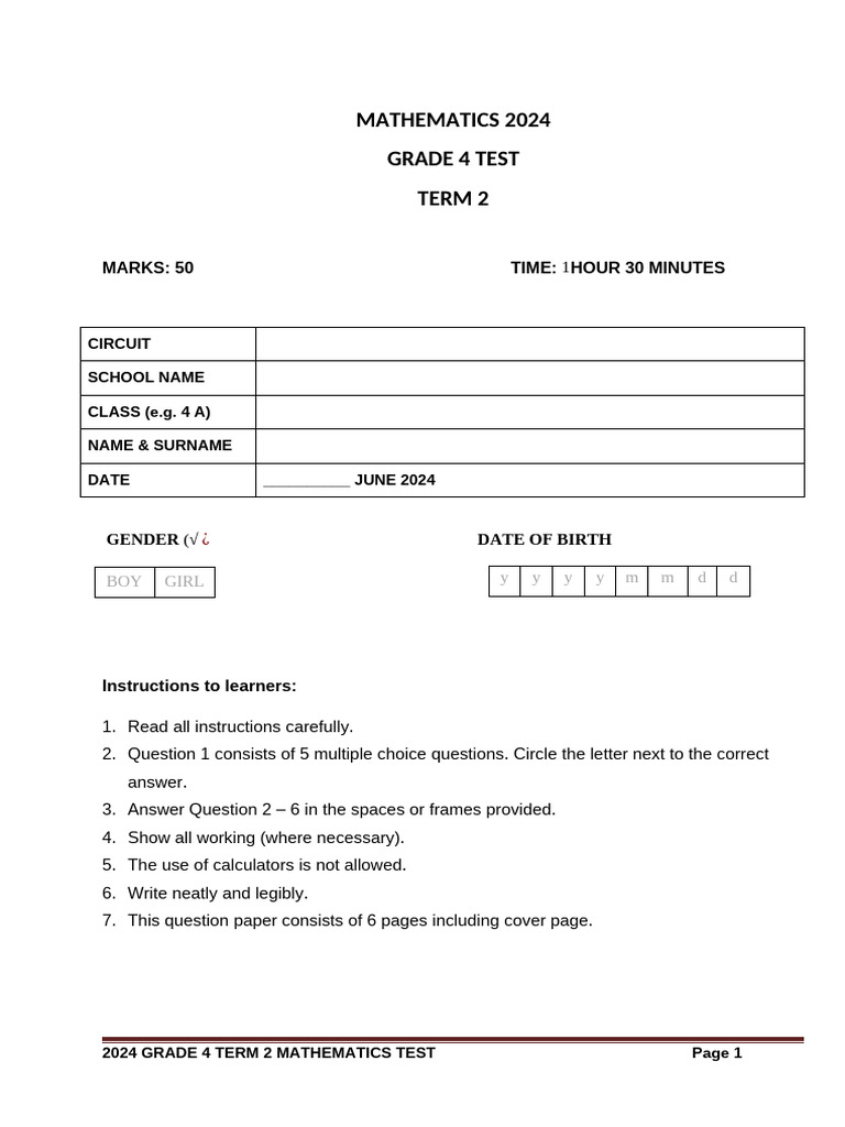 Grade 4 Mathematics Test Term 2 2024 - 073541 | PDF | Mathematics