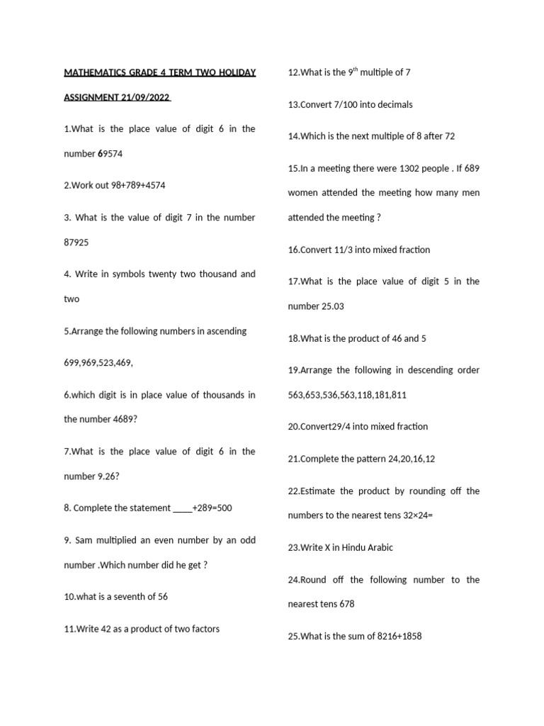 Grade 4 holiday homework | PDF | Numbers | Number Theory