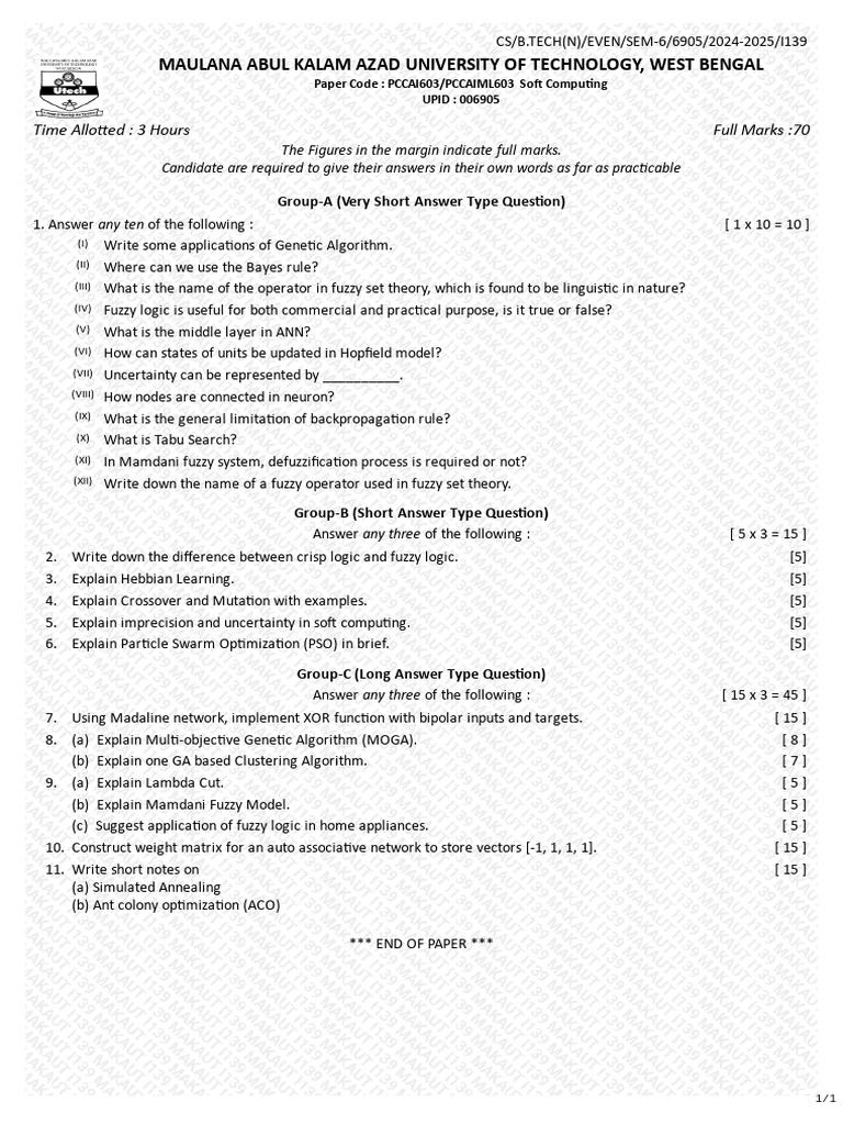 PCCAI 603 Soft Computing_2024-25 | PDF | Fuzzy Logic | Genetic Algorithm