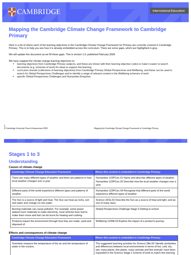 Mapping Cambridge Climate Change Framework to Cambridge Primary | PDF ...