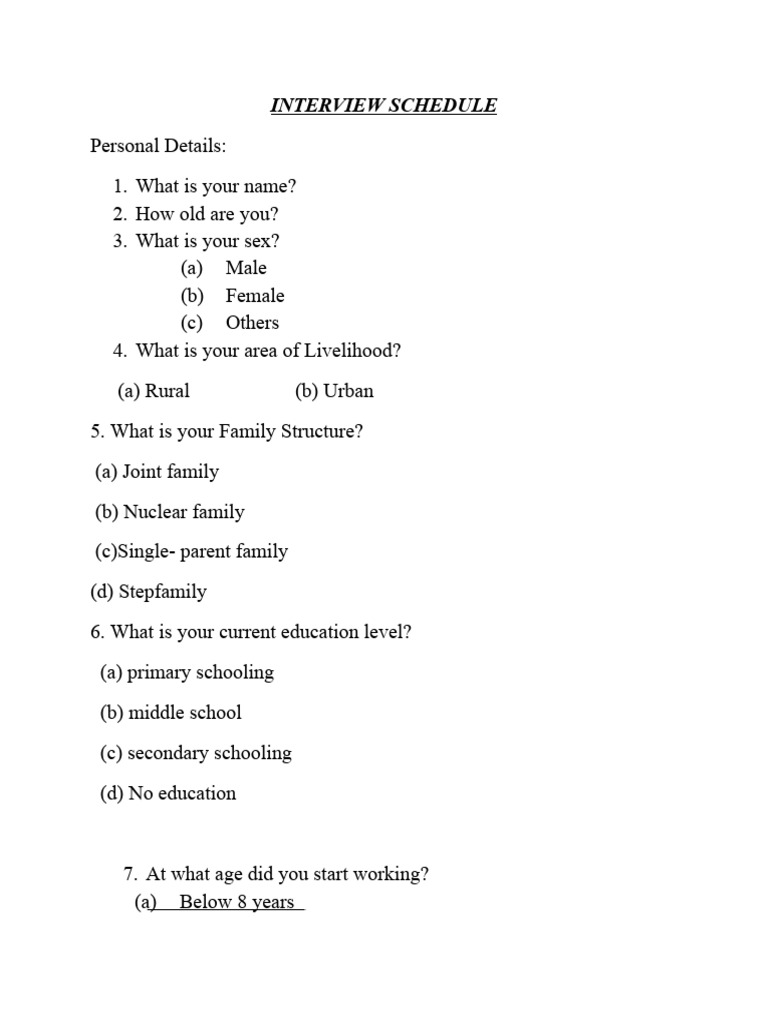 INTERVIEW SCHEDULE questions-1 | PDF | Child Labour | Labor