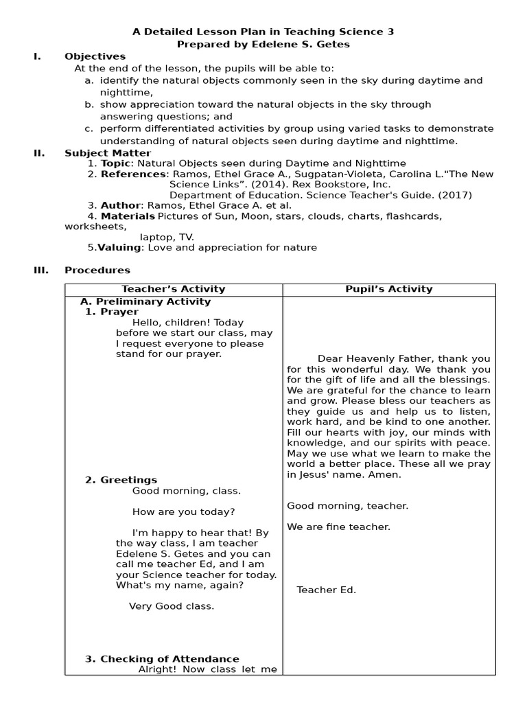 A Detailed Lesson Plan in Teaching Science 3 FINAL DEMO | PDF | Sky | Night