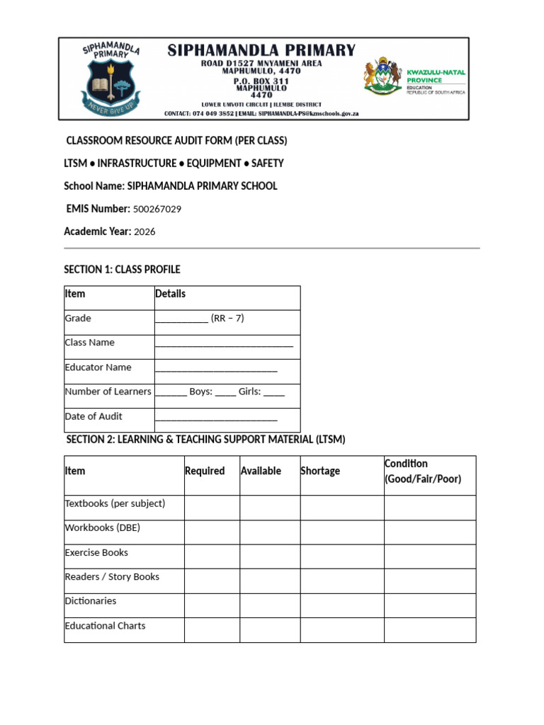 Classroom Resource Audit Form | PDF | Classroom