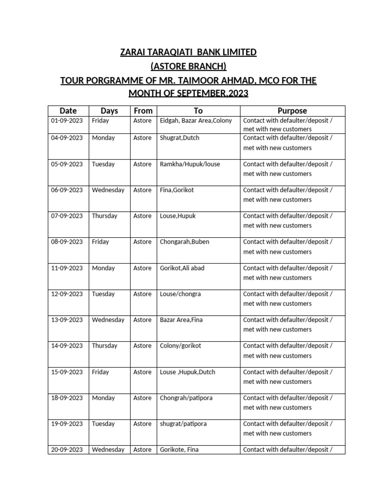 Tour Programme for the Month of September | PDF