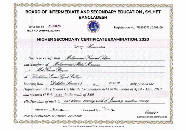 Hsc Certificate Sylhet | PDF